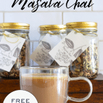 Jars of Masala Chai and a cup of chai.
