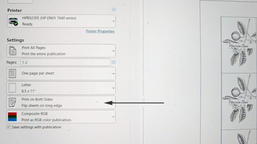 Screen shot showing print front and back, flip on long edge.