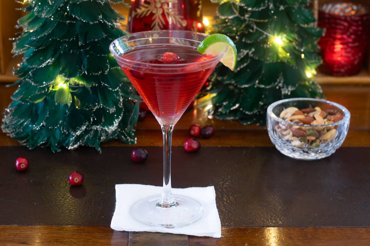 Holiday Cosmo in front of feather Christmas trees
