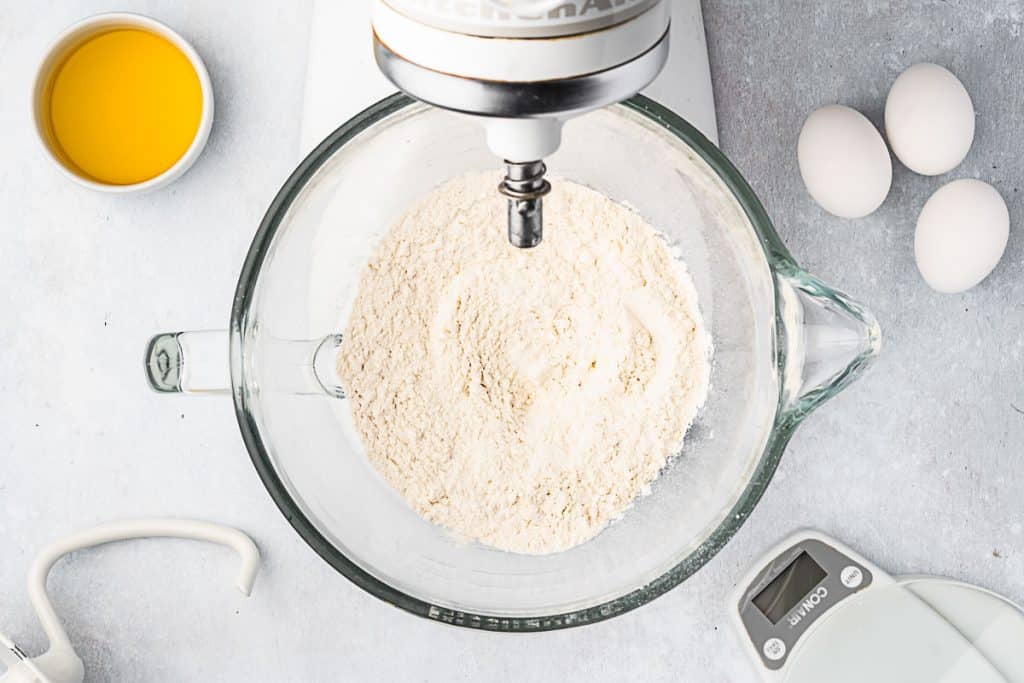 Flour in mixing bowl.