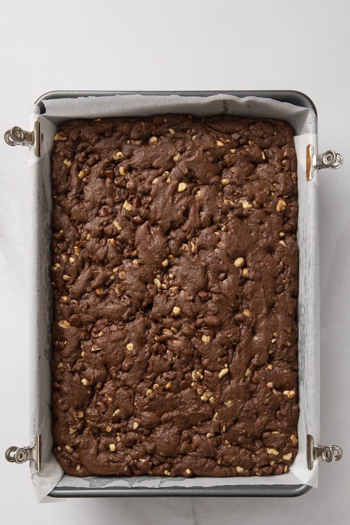 Chocolate Chocolate Chip Cookie Bars coming out of the oven.