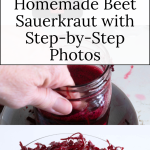 Beet sauerkraut in a bowl and jars.