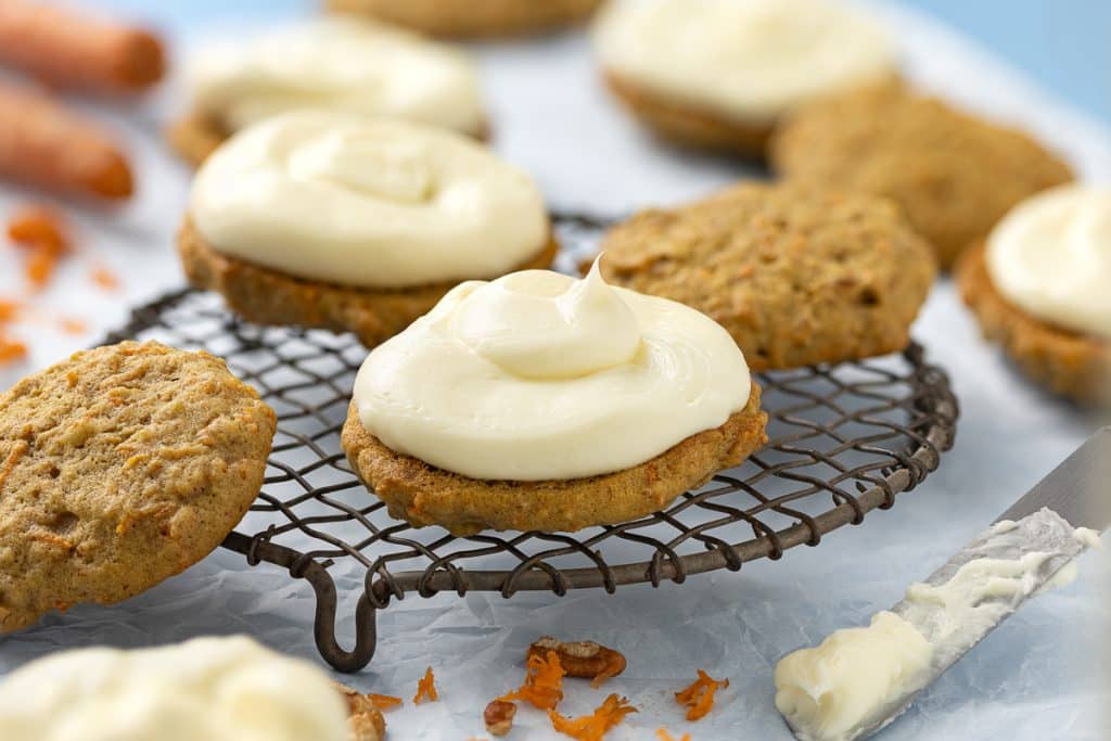Carrot Cake Sandwich cookies filled with cream cheese filling.