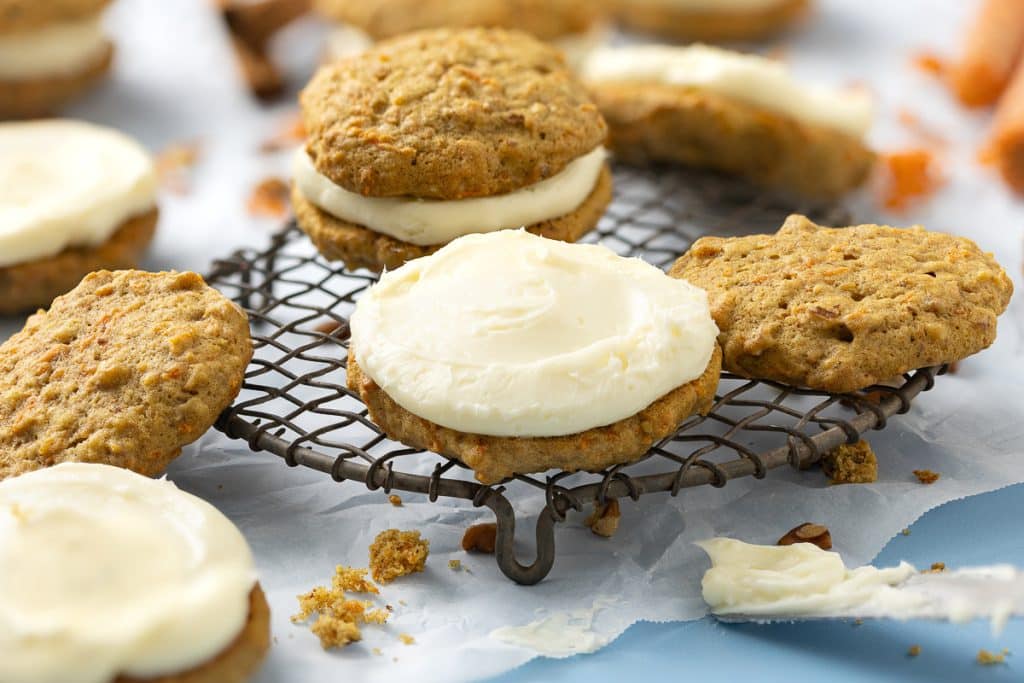 Carrot Cake Sandwich cookies filled with cream cheese filling.