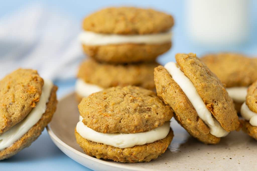 Carrot Cake Sandwich cookies filled with cream cheese filling.