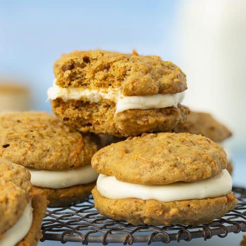 Carrot Cake Sandwich cookies filled with cream cheese filling.