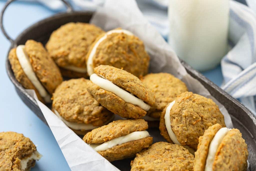 Carrot Cake Sandwich cookies filled with cream cheese filling.