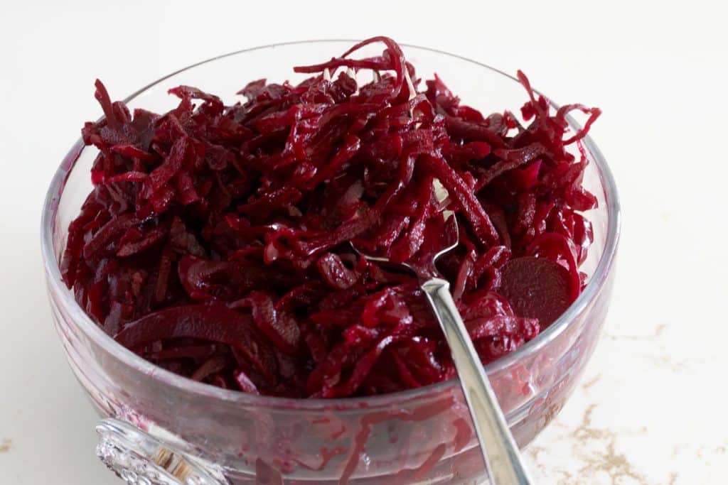 a bowl of beet sauerkraut.