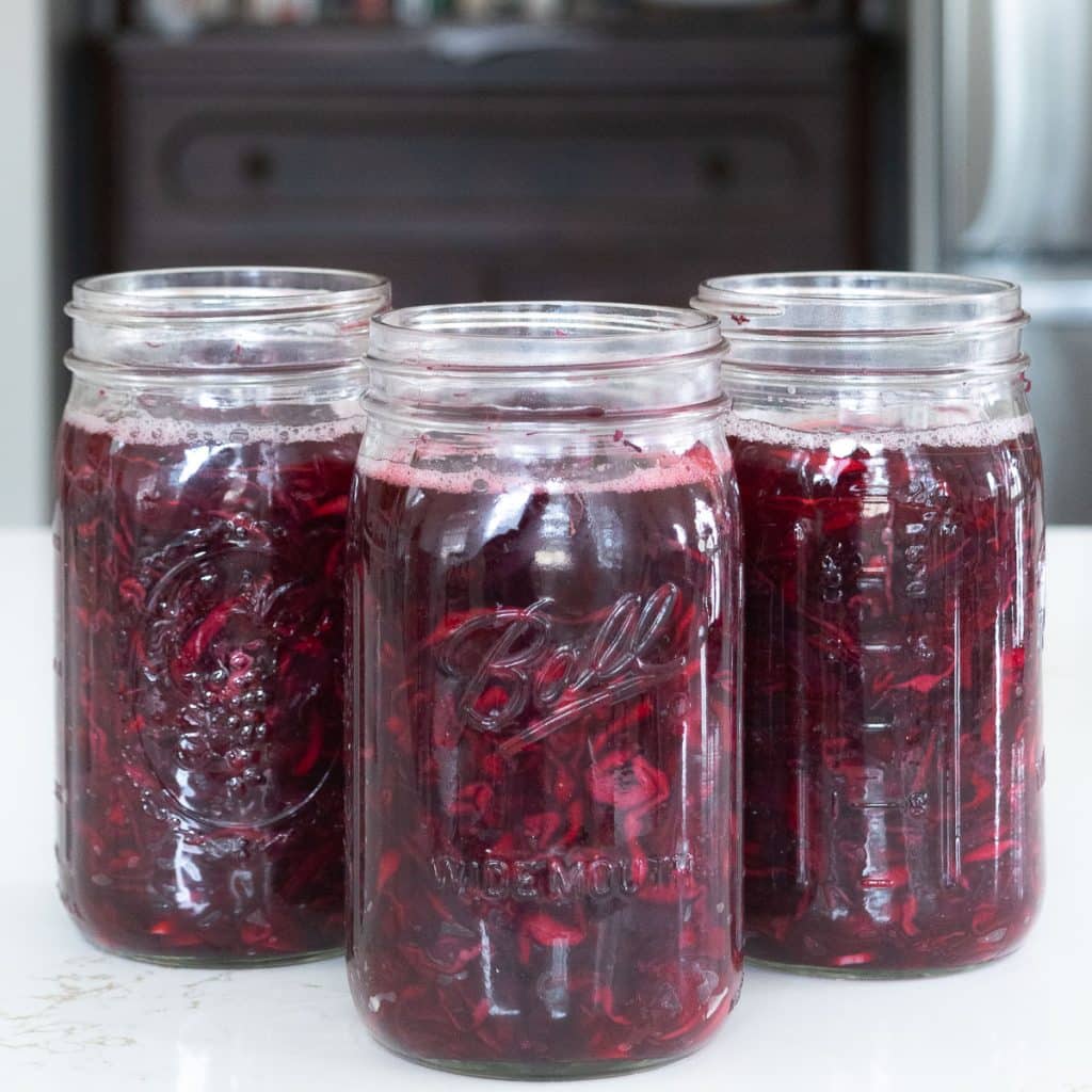 Jars of beet and cabbage sauerkraut.