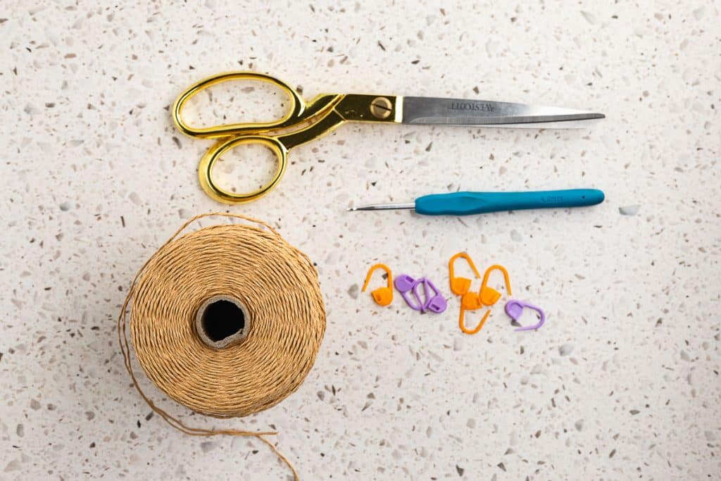 Material needed for crochet beach bag.