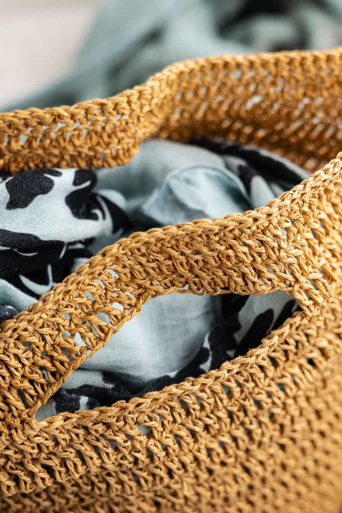 Crochet Beach Bag made with raffia yarn.