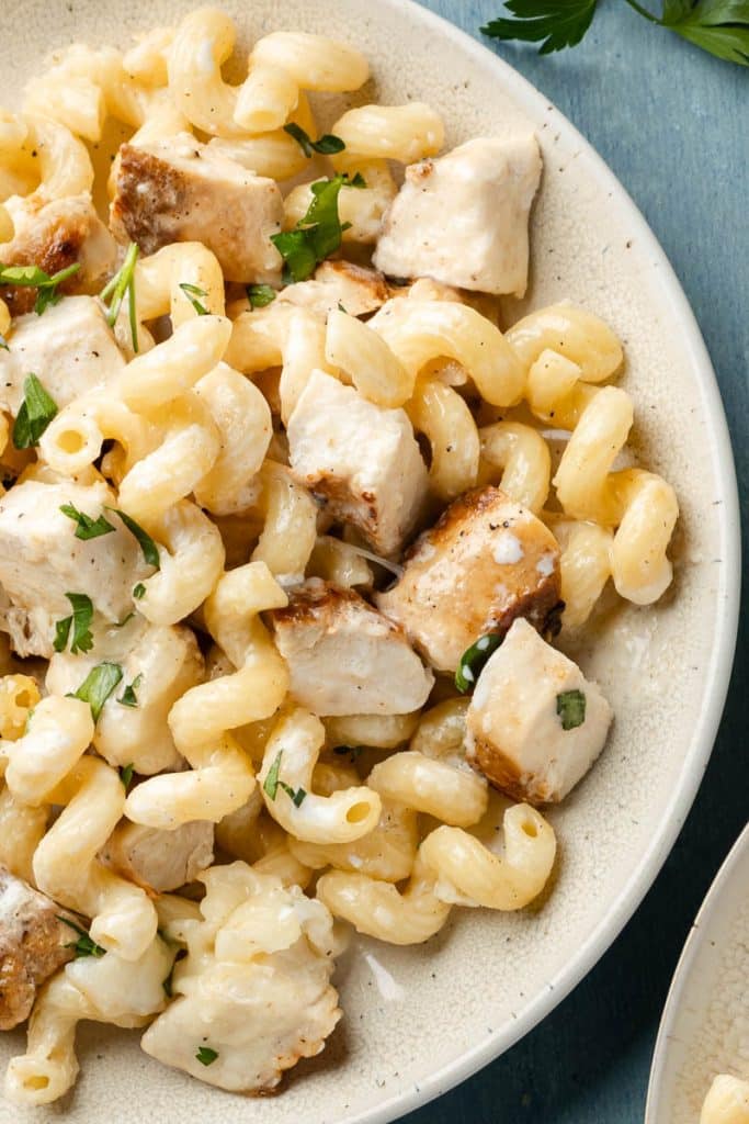 Chicken Alfredo Pasta Bake on a plate.