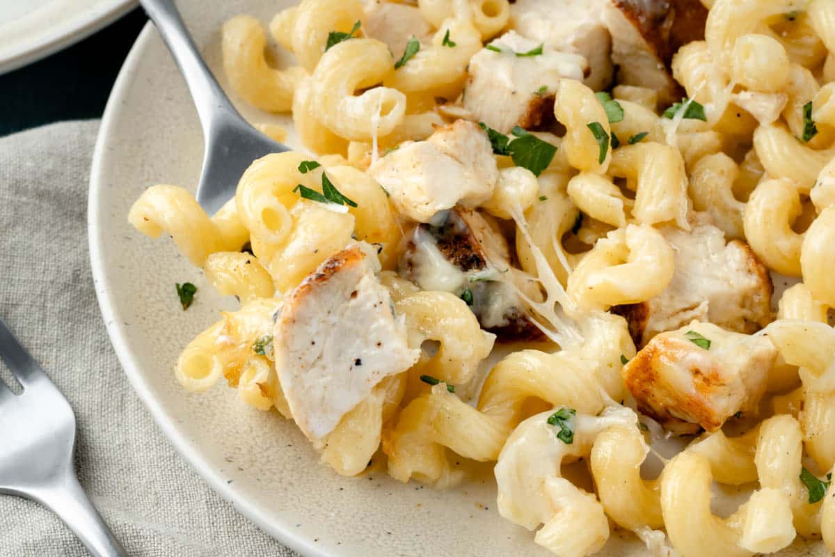 Chicken Alfredo Pasta Bake on a plate.