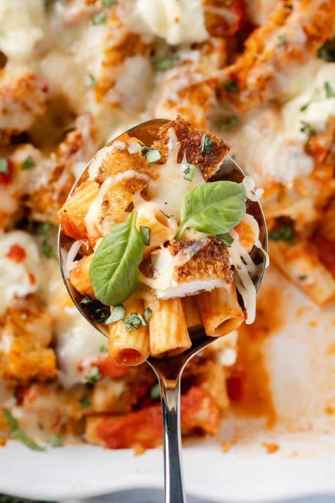 A spoonful of Chicken Parmesan Pasta BAke.