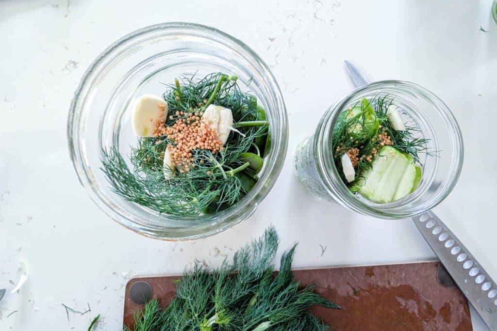Garlic, dill and mustard seed on top of pickles.