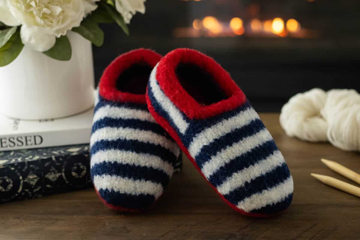 Striped Sailor Slippers knit with felted slippers knitting pattern.